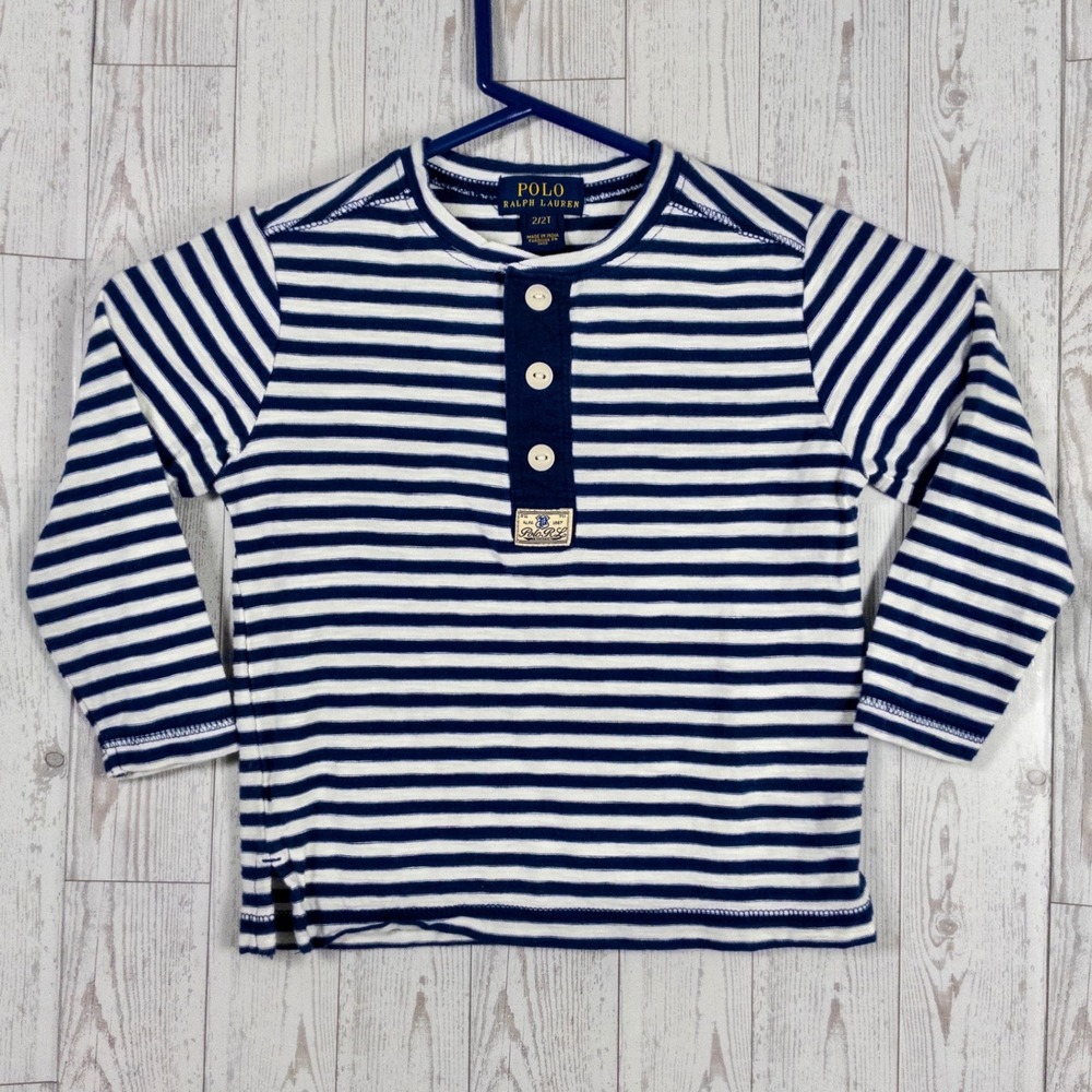 Polo Ralph Lauren Toddler Boys 2T Navy White Striped Henley Shirt Cotton RLPC